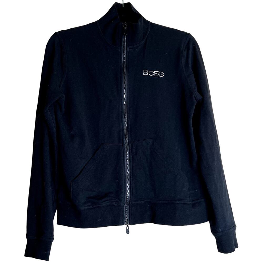 BCBGMAXAZRIA Jacket Women Size Medium Black Full Zip Rhinestone Sweater Crown